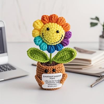 1PC Hand-crocheted Flower Pot + Rainbow Smiley Face Sunflower, Emotional Language Card Simulation Crocheted Flower, Home Decoration