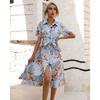 Summer Short Sleeve Women Floral Printed Shirt Dress Single-breasted Loose Casual Office Holiday Lace-up A-line Party Dresses Elegant Fashion Clothng