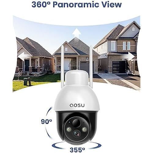 Aosu 2k camera surveillance wifi exterieure sans fil, solaire, 360° pan-tilt, camera exterieur sans fil, vision nocturne, détection