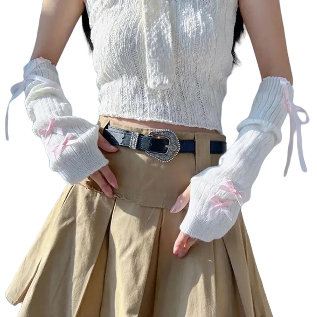 Y2K Mote Armvarmere Strikkede Sløyfehansker for Kvinner og Jenter Halvfinger Votter Ensfarget Tykke Armermer