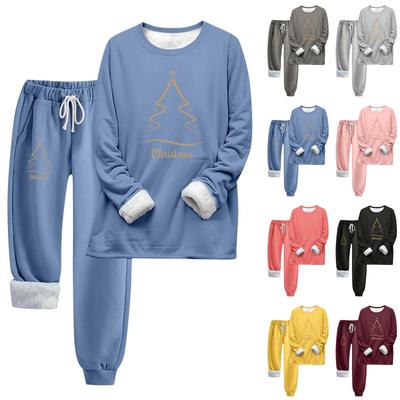 Two Piece Outfits For Women Warm Fleece Lined Jogger Set Crewneck Long Sleeve Christmas Printed Sweatshirts Drawstring Waist Sweatpants