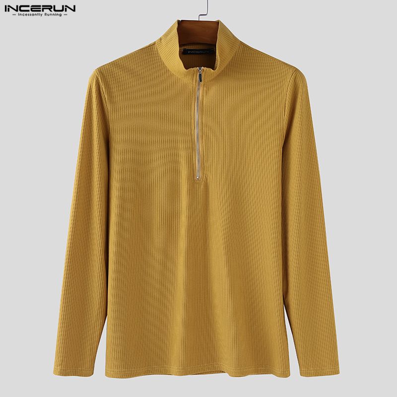 INCERUN Autumn Men Stand Collar Long Sleeve Zip-up Rib Knitted Pullovers Tops