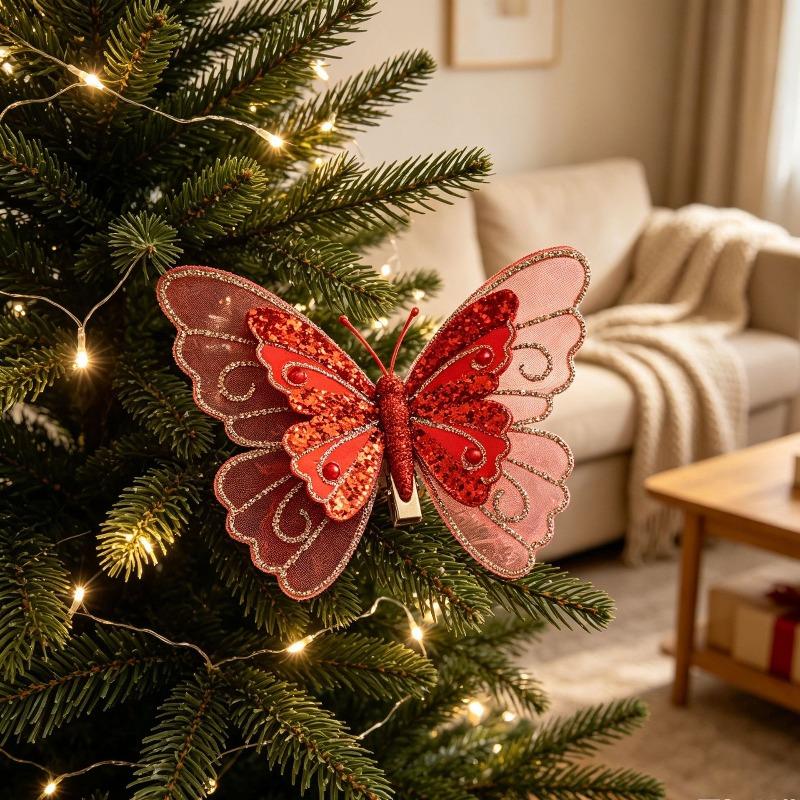 Christmas Decoration Item - Realistic Glittering Powder Butterfly Christmas Tree Ornament - Christmas Atmosphere Setting - Realistic Butterfly