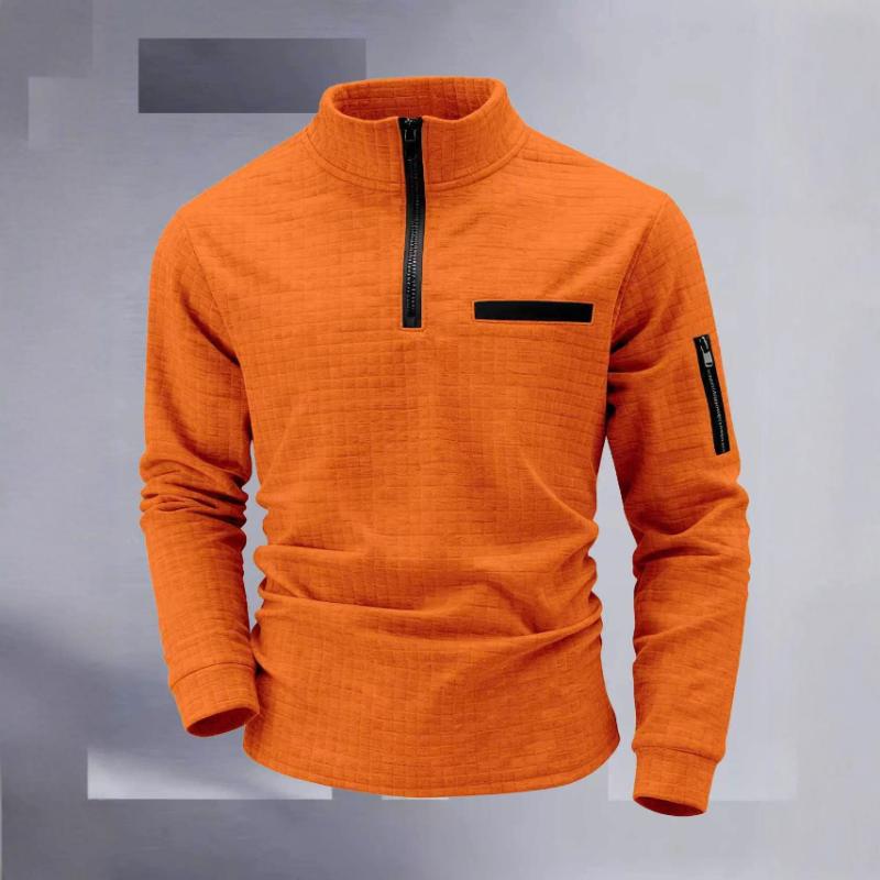 Men's Waffle Knit Quarter Zip Pullover Casual Stand Collar Long Sleeve Top With Zipper Pockets For Daily Wear