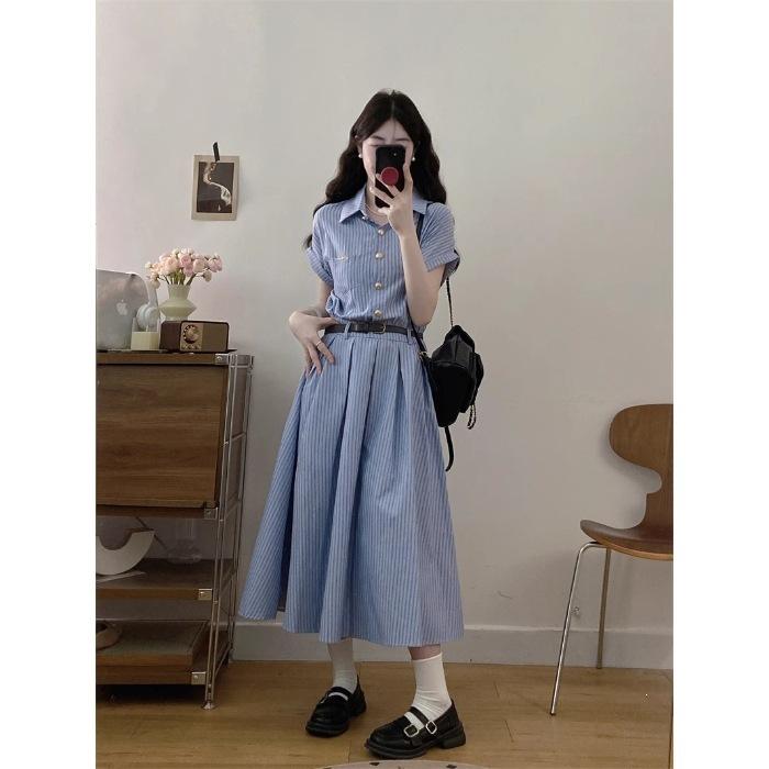 Large size French blue striped POLO neck button-down shirt dress women s summer commuter style waist A-shaped long dress S