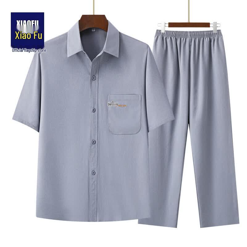 Men s Mid-Aged Chinese Style Short-Sleeve Shirt & Elastic Waist Pants Set 43/185