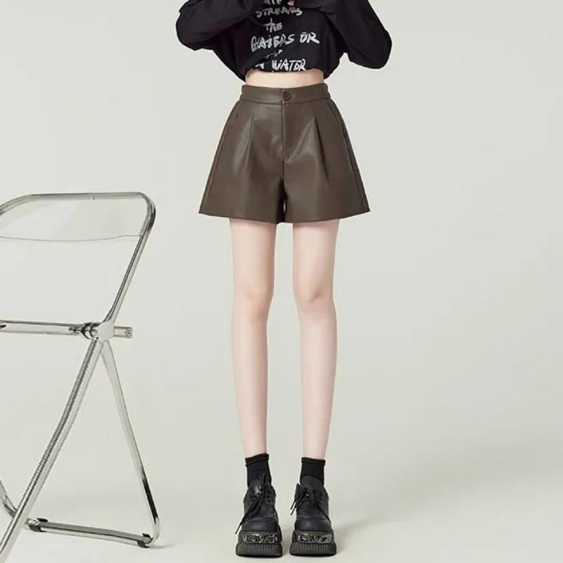 Womens High Waisted Faux Leather Shorts A Line Wide Leg Casual Shorts S