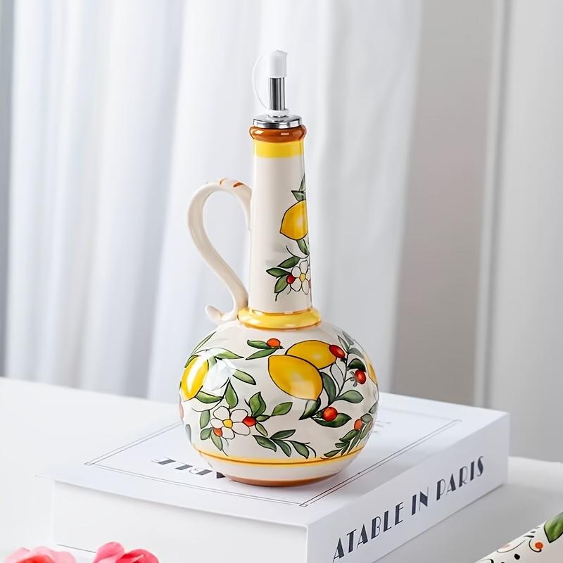 Hand-Painted Ceramic Olive Oil Dispenser with Vibrant Fruit & Leaf Design - Leak-Proof Kitchen Oil Bottle for Olive Oil, Vinegar, Soy Sauce