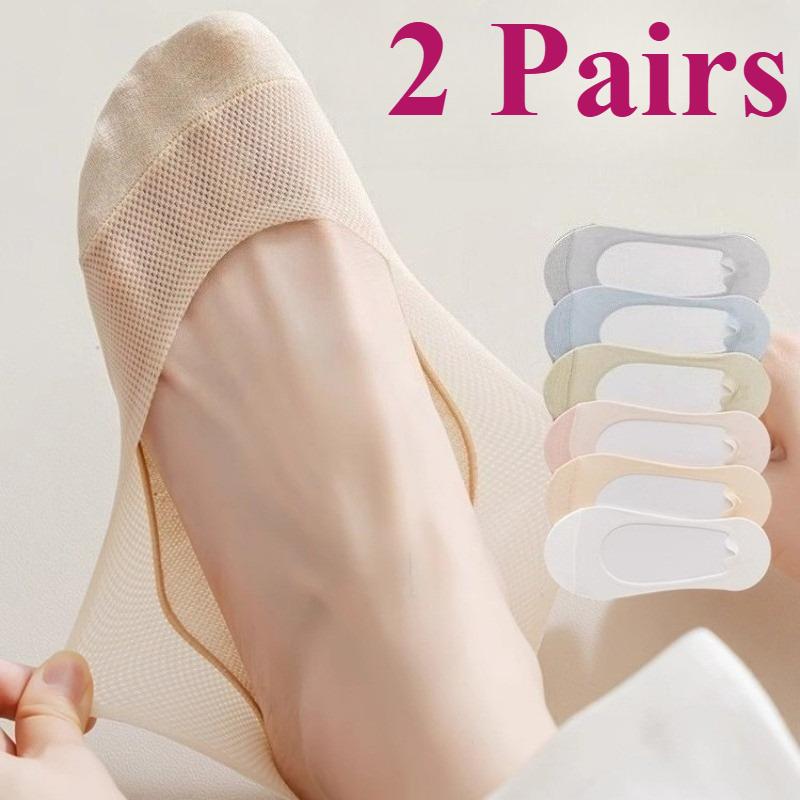 1/2 Pairs Women Summer Mesh Breathable Cotton No Show Socks with Anti-slip Grip Casual Thin Hollow Short Invisible Low-cut Socks