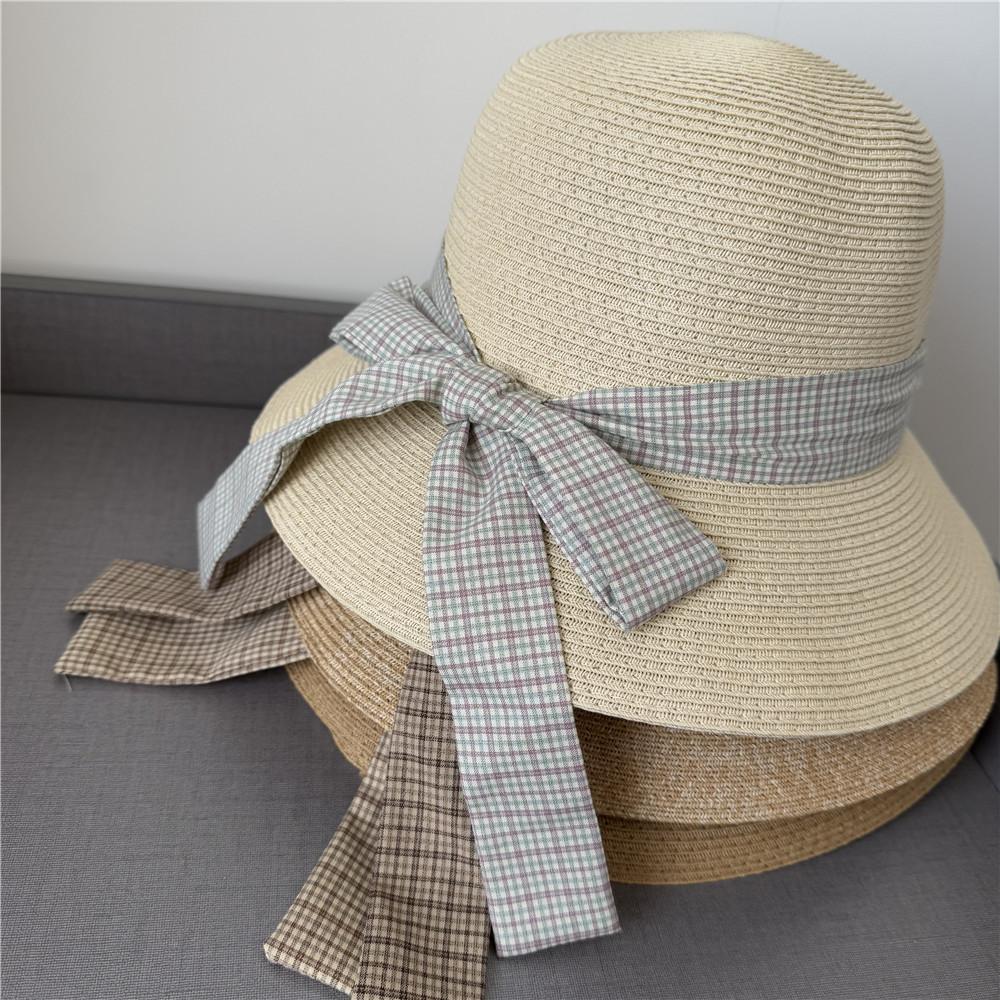 Straw Hat Versatile V Standard Plaid Bow Streamer Eaves Sunscreen Sunshade Bucket Hat Sun