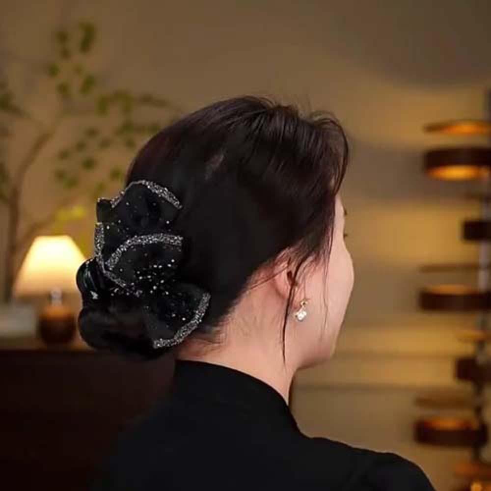 Cloth Shiny Rhinestone Hair Claw Beads Women Sequin Hairgrips Black Bow Shark Clip  Party