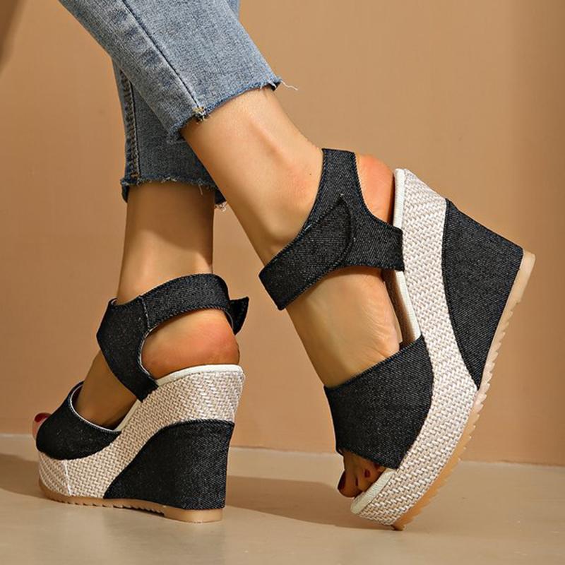 Fashion Fashion Denim Wedge Heeled Sandals Women Summer 2025 Peep Toe Chunky Platform Sandals Woman Thick Sole High Heel Sandalias Mujer