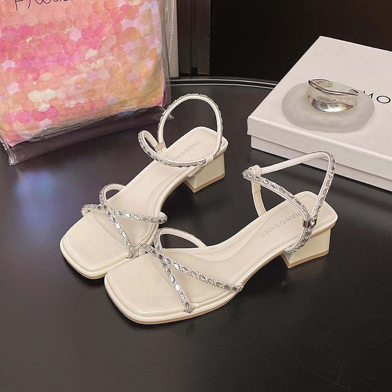 Rhinestone high-end temperament open-toed sandals summer new versatile thick heel square head high heels women