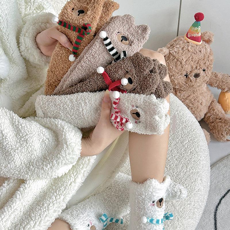 1Pair Sleep Socks Cute Little Bear Cartoon Coral Velvet Socks Soft Polyester Fiber