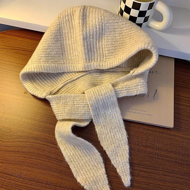 Big Head Waist Balaclava Hat Women's Autumn and Winter New Knitted Hoodie Neck Integrated Warm Ear Protection Knitted Hat