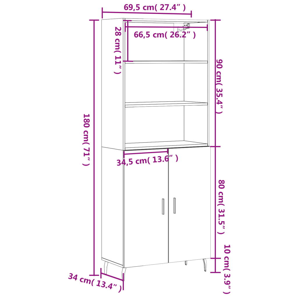 Highboard Gray Sonoma 69.5 X 34 X 180 Cm Engineered Wood