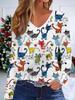 3D Cat Printed Fashion Casual Women's V-Neck Long Sleeve T-Shirt - New Year Party Clothing Holiday Gift