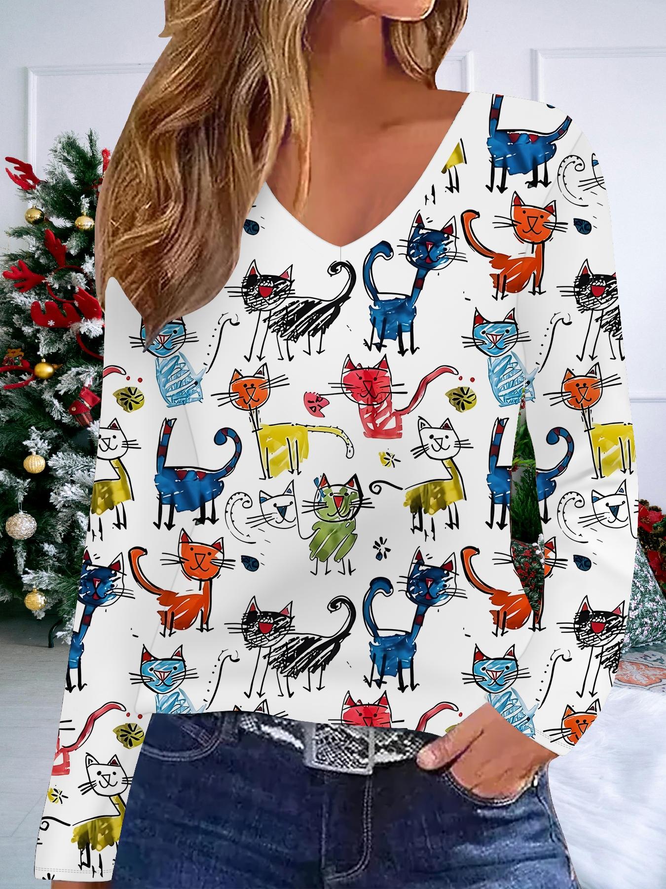 

3D Cat Printed Fashion Casual Women s V-Neck Long Sleeve T-Shirt - New Year Party Clothing Holiday Gift 6XL