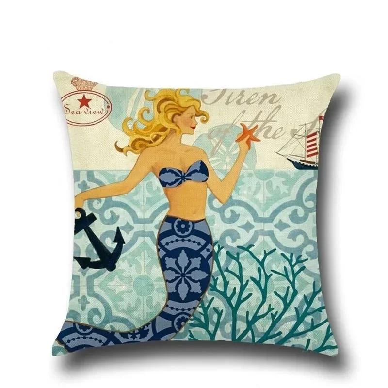 1PC Mermaid Sea Seahorse Octopus Print Pillowcase Ocean Organism Theme Pillowcase Living Room Sofa Cushion Cover Room 45x45cm