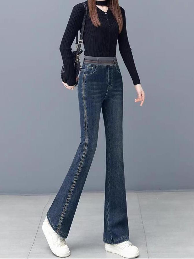 Women's High Waist Velvet-Lined Denim Flare Pants – Warm, Elastic, Slimming & Trendy