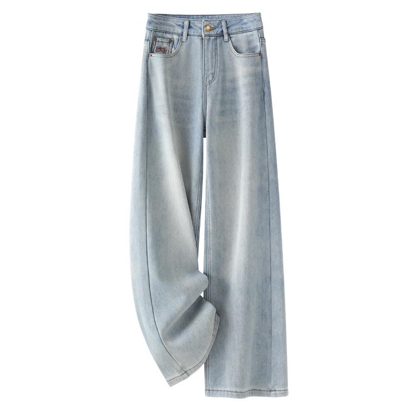 2024 Women's Fleece-Lined Wide Leg Jeans: Light Color, Thick, Floor-Length, for Autumn/Winter