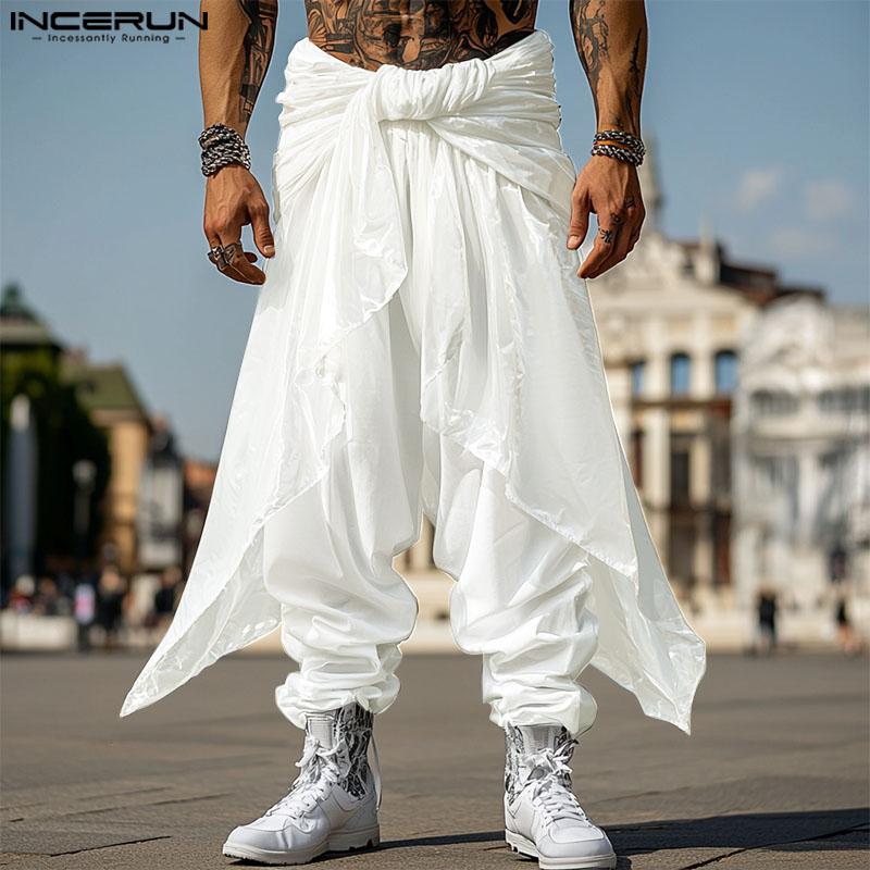 INCERUN Men Elastic Waist Bandage Glitter Layers Casual Irregular Harem Pants
