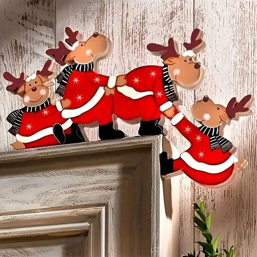 Christmas1pcs Christmas Door Frame Decoration - Funny Santa Claus and Elk Wooden Pendant Suitable For Doors, Walls, and Windows