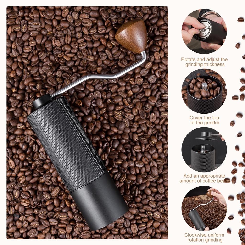 Manual Coffee Grinder with 25g Capacity, Stainless Steel Burr and Wooden Handle, for Home, Office, Camping, and Hiking (Black)