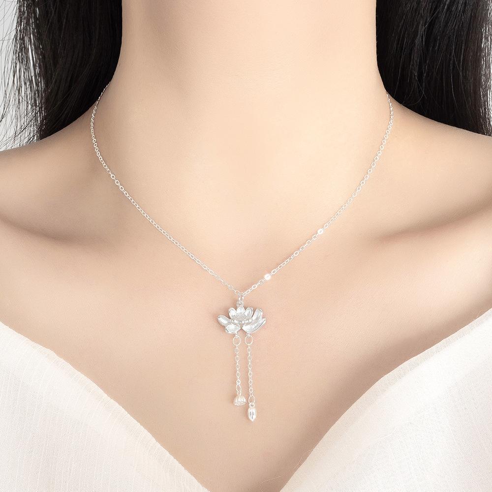 925 Sterling Silber Temperament Mode Quaste Lotus Anhänger Halskette Geburtstagsgeschenk