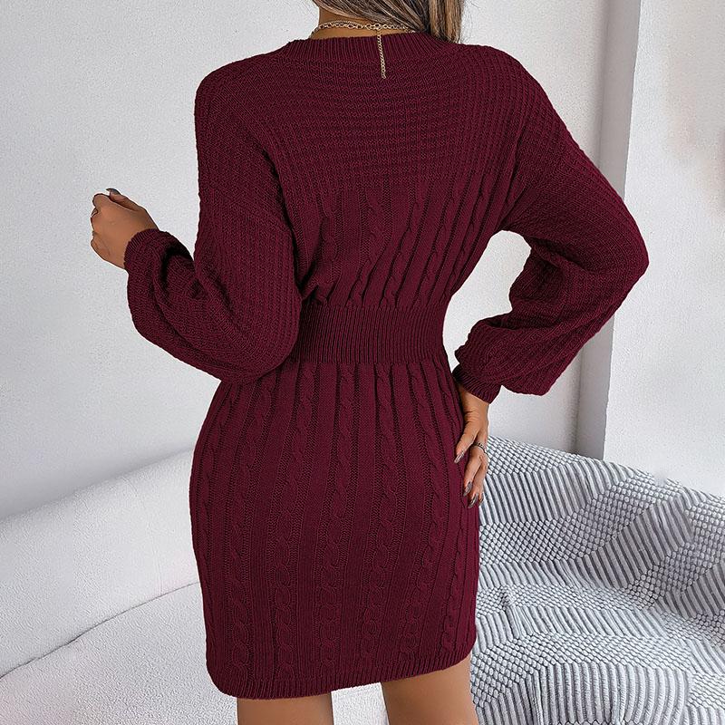 Autumn Winter Women's V-neck Sweater Dress Solid Color Hollow-out Lantern Sleeves Knitted Bodycon Dress