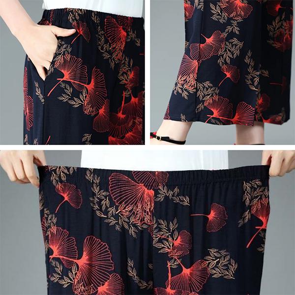 WTEMPO Cotton Hemp Blend Women Large Size Wide Leg Pants Mom High Waist Elastic Printed Thin Cropped Pants