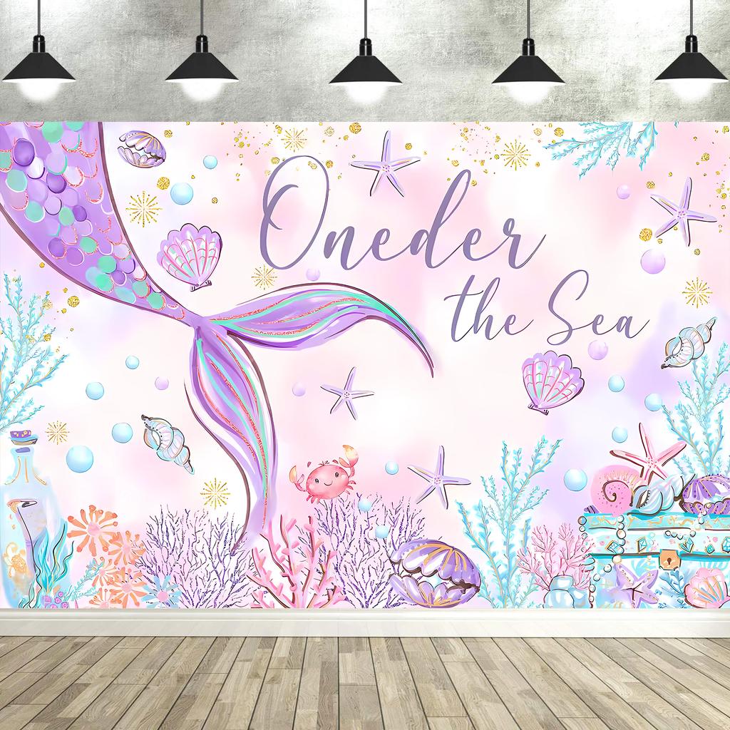 Mermaid Birthday Backdrop Under The Sea Birthday Party Decoration for Girl Purple Glitter  Mermaid Tails Photography Background