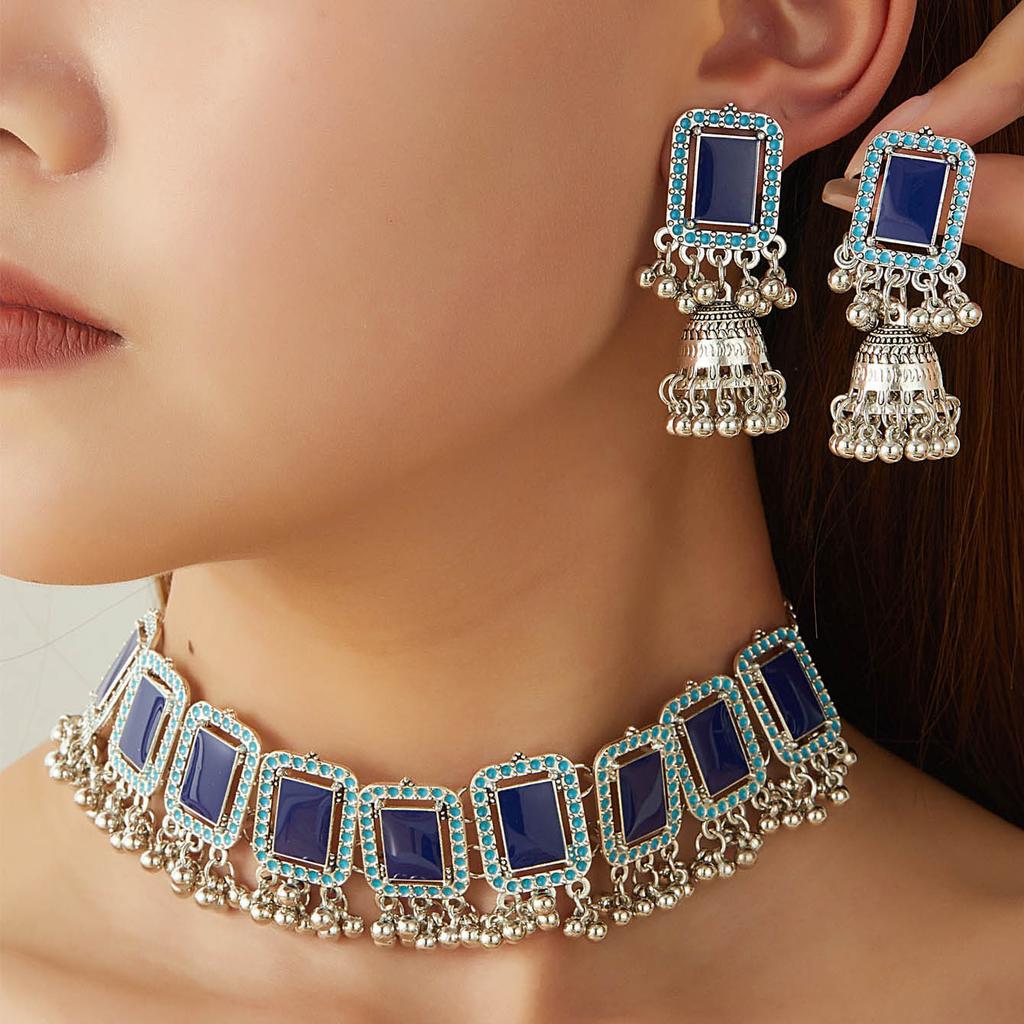 Retro Ethnic Style Diamond-Encrusted Bells Fringed Earrings Women'S Bohemian Square Geometric Necklace Light Luxury Jewelry Set