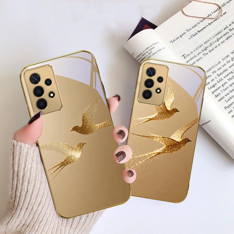 golden flying bird For Samsung A 01 52S A04 A05S A10 A12 A13 22 23 24 36 42 M02 Note 10 20Ultra 8 9 Golden glass phone case