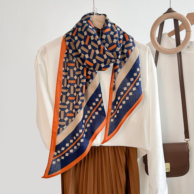 Premium Trend Simple Geometric Printing Simulation Silk Single-layer Parallel Scarf Women's Niche Retro Wool Feel Silk Scarf