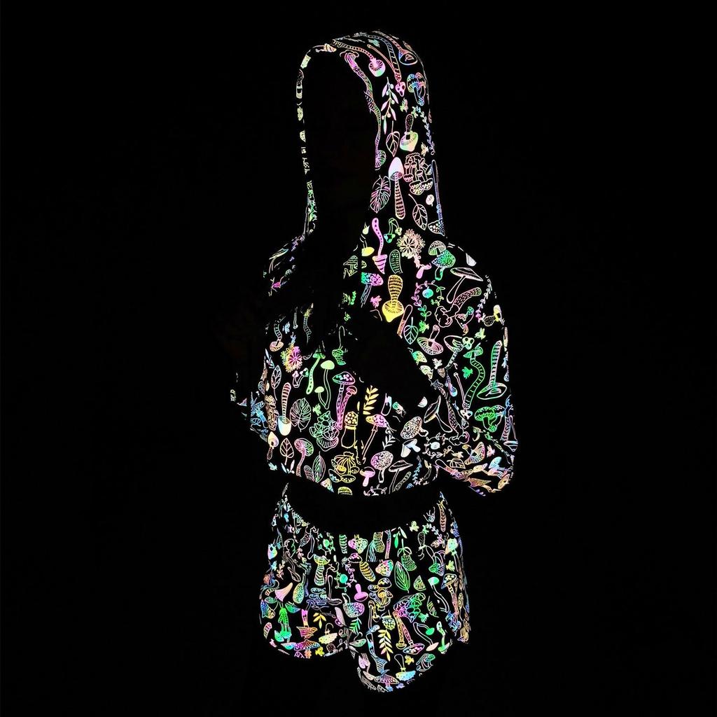 Women's Reflective Mushroom Print Hoodie - Trendy Colorful Pullover Top