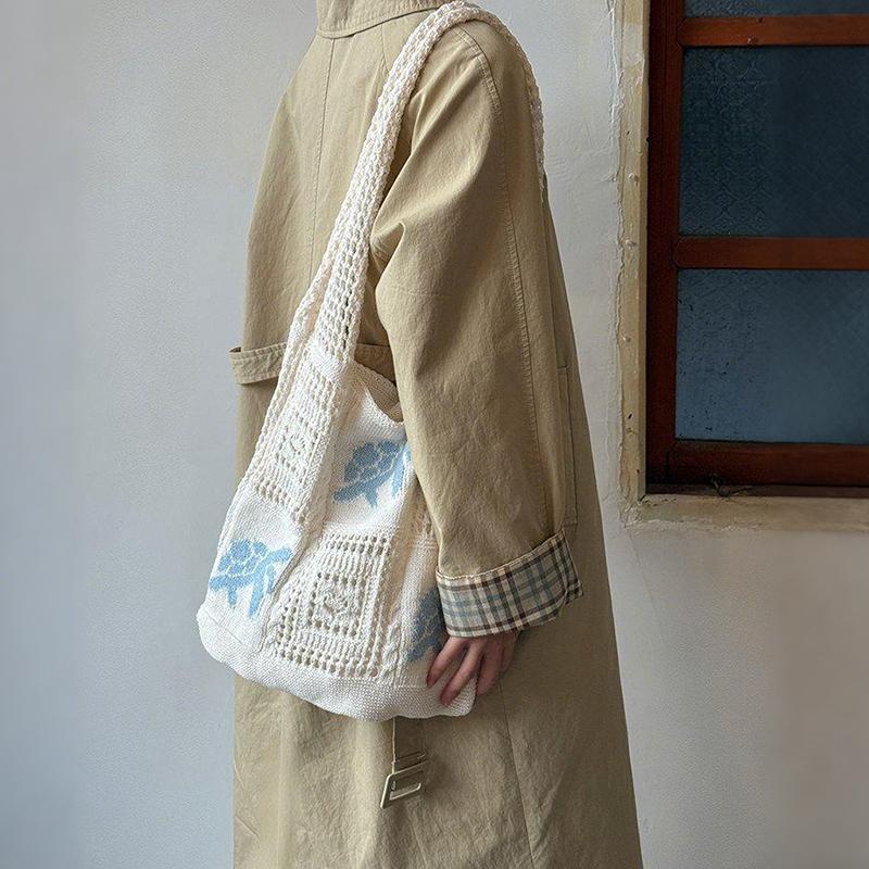 Turtle Korean Style Hollow Woven Bag Trendy Large Capacity Crochet Tote Bag Lightweight Embroidered Knitting Handbag Beach