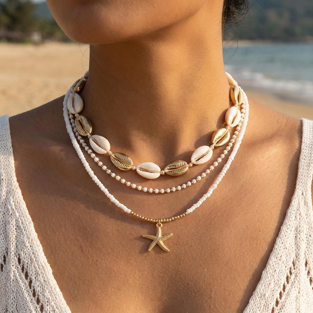 Boho Multilayer Starfish Shell Rice Beads Necklace for Women Irregular Stones Sun Pendant Neck Chain Girl Party Vacation Jewelry
