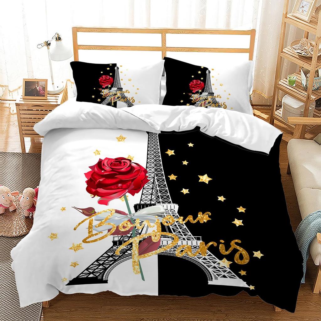 Comforter Romantic Eiffel Tower Microfiber Floral Bedding Set Paris Cityscape Twin Comforter For Girls Teen Adult Room
