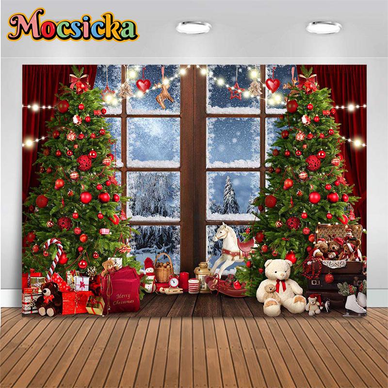 Mocsicka Christmas Photography Background Winter Indoor Xmas Tree Fireplace Window Gift Decoration Photo Backdrop Prop Photocall