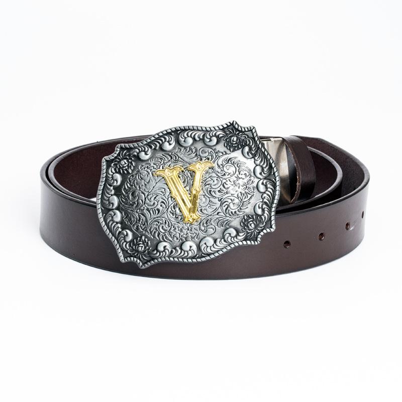 

Модный ремень с английскими инициалами V, персонализированный ремень из двухслойной воловьей кожи, мужской модный ремень 130cm