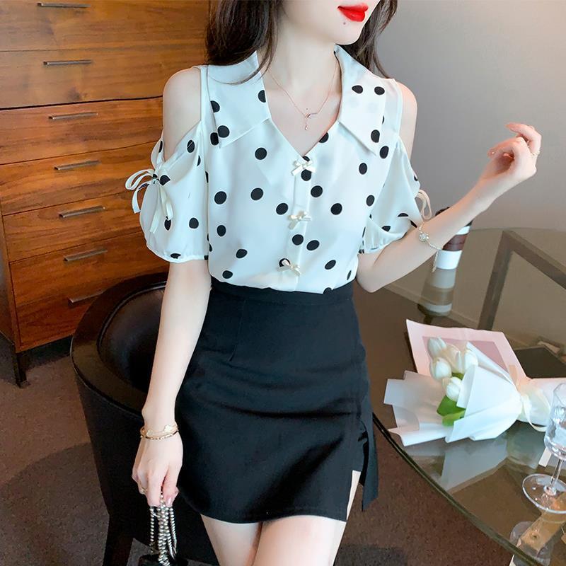 2024 French Style Polka Dot Off-Shoulder Blouse with Peter Pan Collar