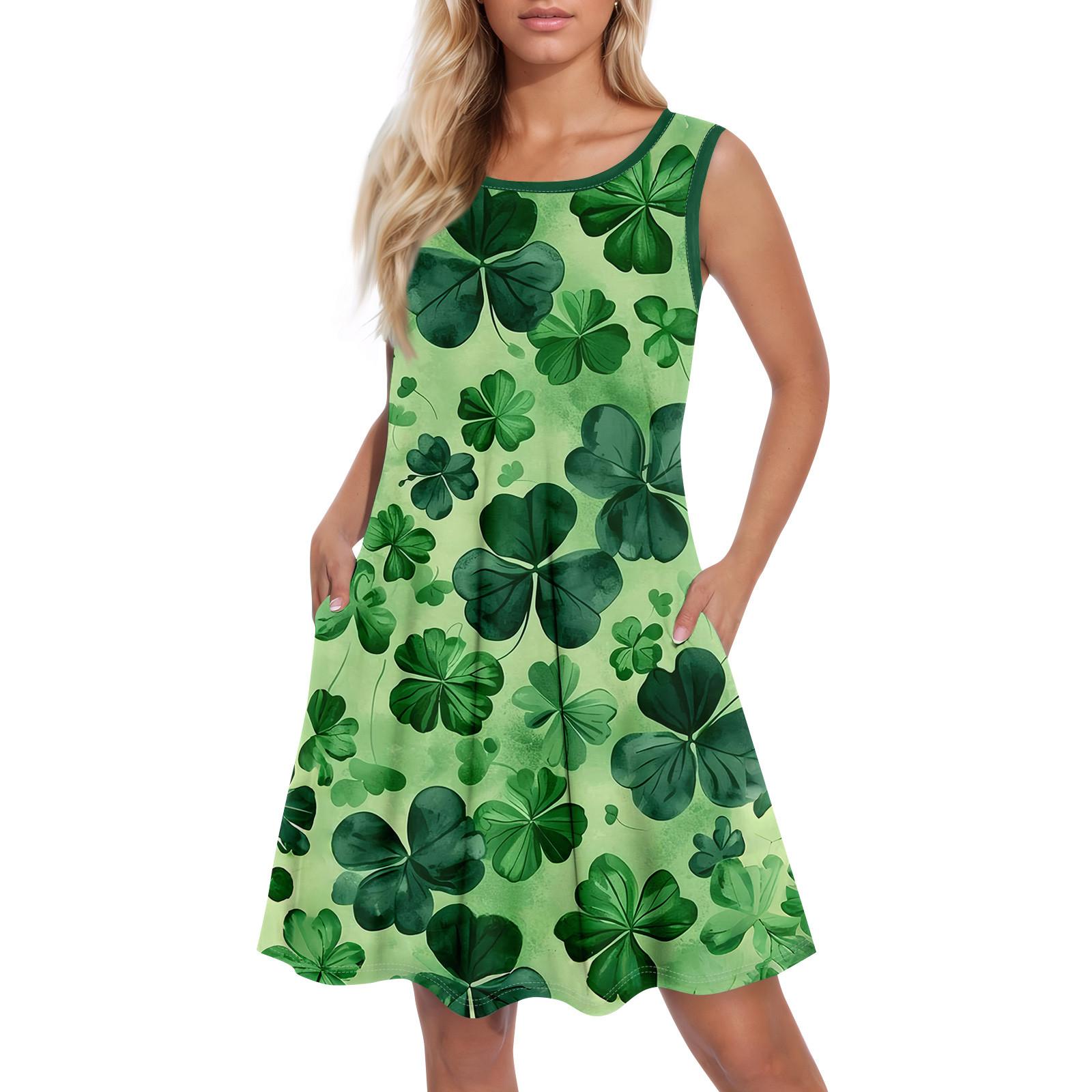 

Летние платья для женщин Beach Boho без рукавов St. День Святого Патрика Печать Flowy Карман Футболка Майка Сарафаны XXXL