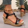 2026 Plus Size Women's Fashion Color Block Open-Toe Wedge Sandals with Woven Elastic Band