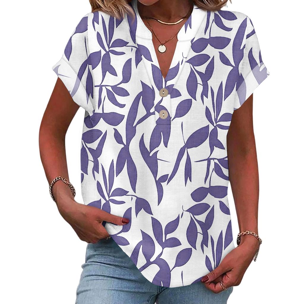 Ladies Casual Fashion V-Neck Button Floral Print Short Sleeve Top