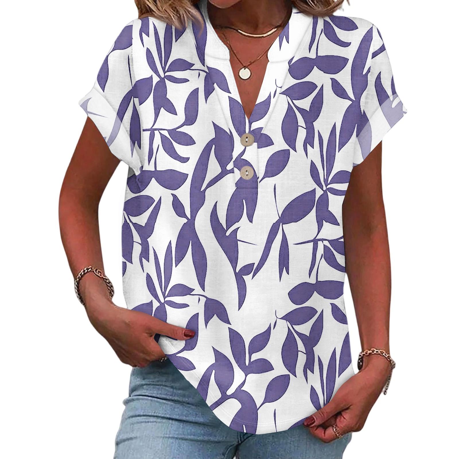 Ladies Casual Fashion V-Neck Button Floral Print Short Sleeve Top XL