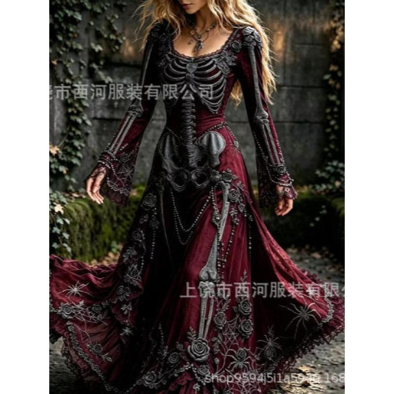 Abito da donna vintage gotico con teschio e rosa, motivo a gradiente, vestito lungo di Halloween con motivo a gradiente