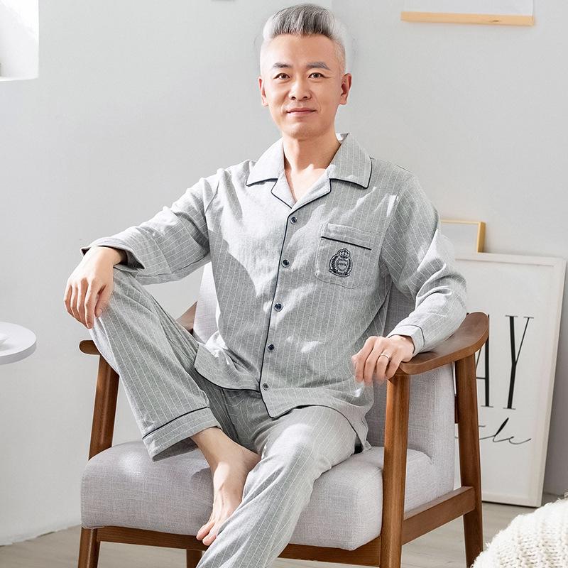 Men's pure cotton pajamas Dad's long-sleeved loungewear for the elderly Men's spring, autumn and winter red natal year suit