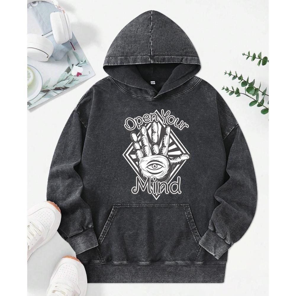 Open Your Mind Hand Print Women Snow Wash Hoodies Fashion Oversize Hoody Casual Pocket Sportswears Cotton Clothing