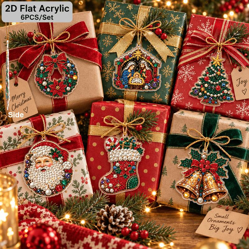 2D Flat 12Pcs DIY Acrylic Pearl Diamond Painting Christmas Ornaments Kit, Tree Hanging Decorations with Stocking, Gift Box, Angel, Nativity Scene